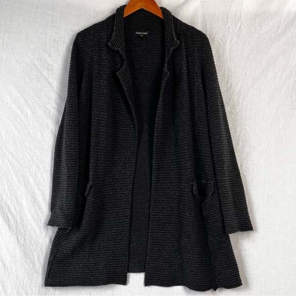 Eileen Fisher Exciting Ribbed Charcoal Tweed Long Open...